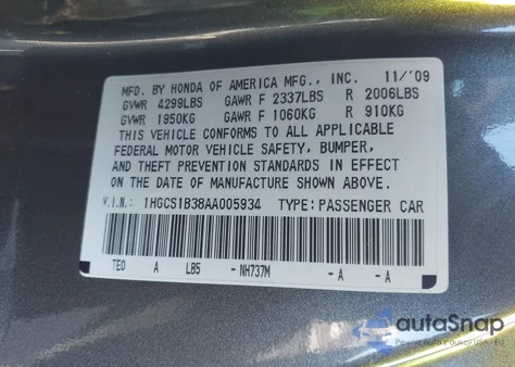 2010 Honda Accord 2.4 Lx-S from USA, damaged, VIN 1HGCS1B38AA005934